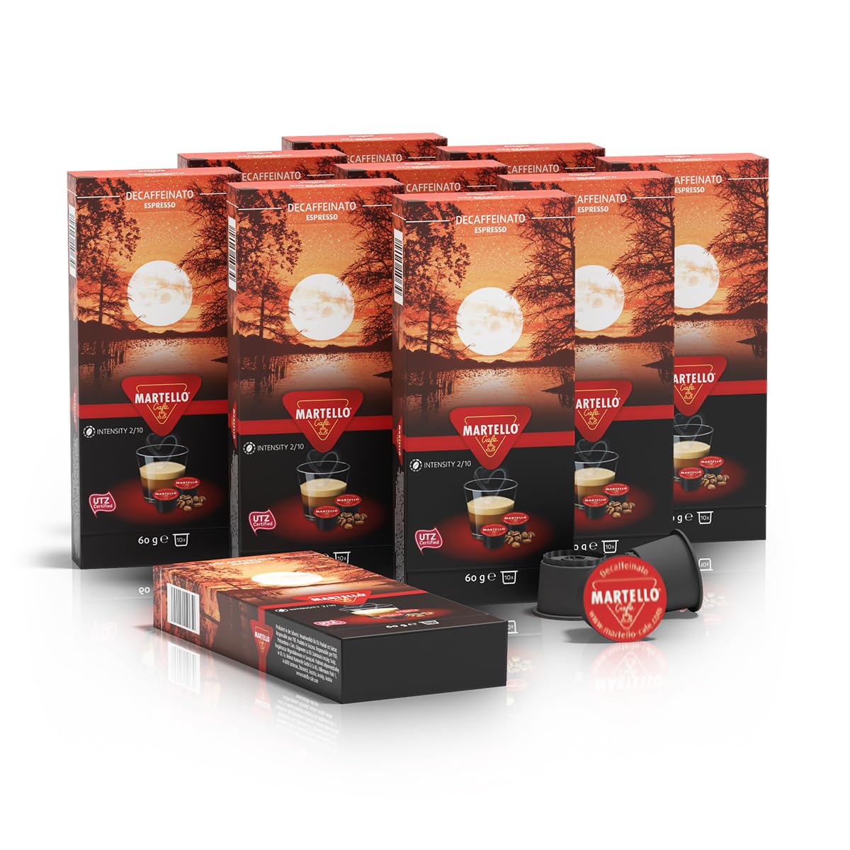 MARTELLO Cafe Martello Coffee Capsules DECAFFEINATO UTZ Certified Sustainable and Fair Hand-Picked Master Pack 100 Capsules (10 x 10), for Martello Capsule Machines