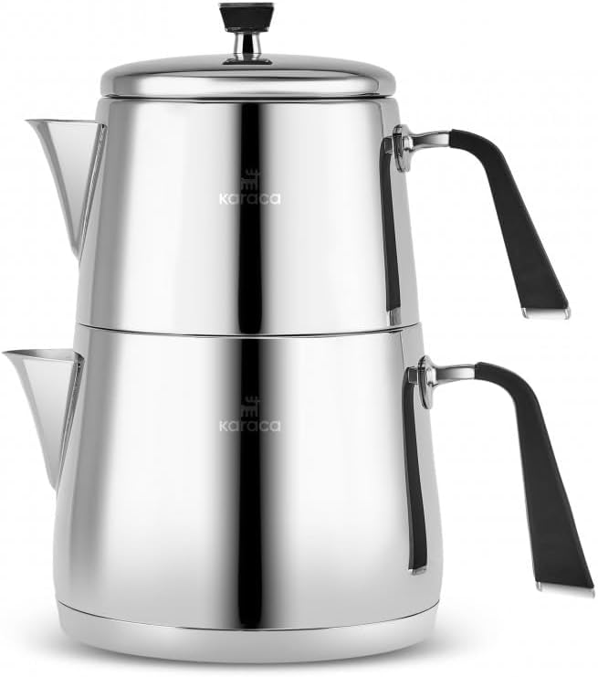 Karaca Fiona Black Turkish Teapot Set, Suitable for Induction, 1 Liter Teapot & 2 L Stainless Steel Teapot, Dishwasher Safe, Turkish Teapot, Tea Maker, Caydanlik, Demlik