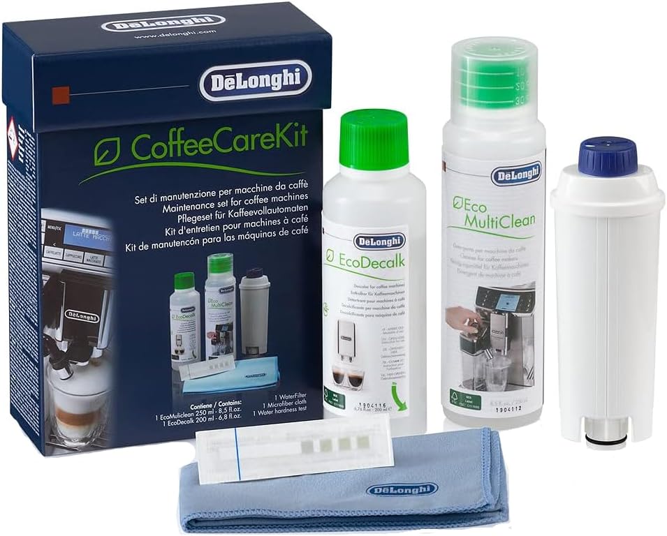 De\'Longhi Original CoffeeCareKit DLSC306 Care Set for Coffee Machines and Fully Automatic Coffee Machines, Contains 1 x 200 ml EcoDecalk, 1 x 250 ml EcoMultiClean, 1 x Water Filter, 1 x Microfibre