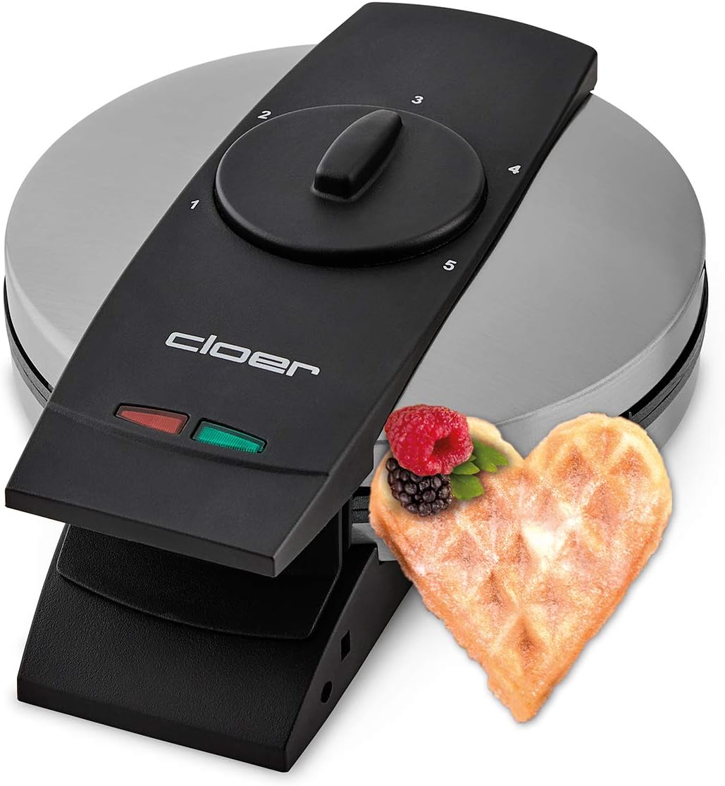 Cloer 1639SR Waffle Iron, Heart Waffle 15.5 cm Diameter, Double Non-Stick Coating, Sugar-Resistant, 930 W, Baking Light, Practical Stand Function, High-Quality Stainless Steel Casing, Stainless Steel