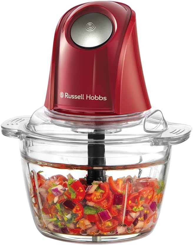 Russell Hobbs Electric Mini Chopper [Glass Container with Lid] Desire Red (500 ml, 2-Blade Stainless Steel Knife, Mixer, Multi & Universal Chopper for Fruit, Vegetables & Meat, 350 W) 27132-56