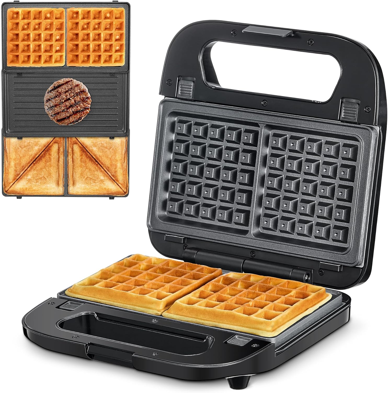 Multifunctional 3-in-1 Sandwich Maker, Waffle Iron, Contact Grill, Non-Stick Coated Removable Plates, 750 W, LED Indicators, BPA-Free, Black