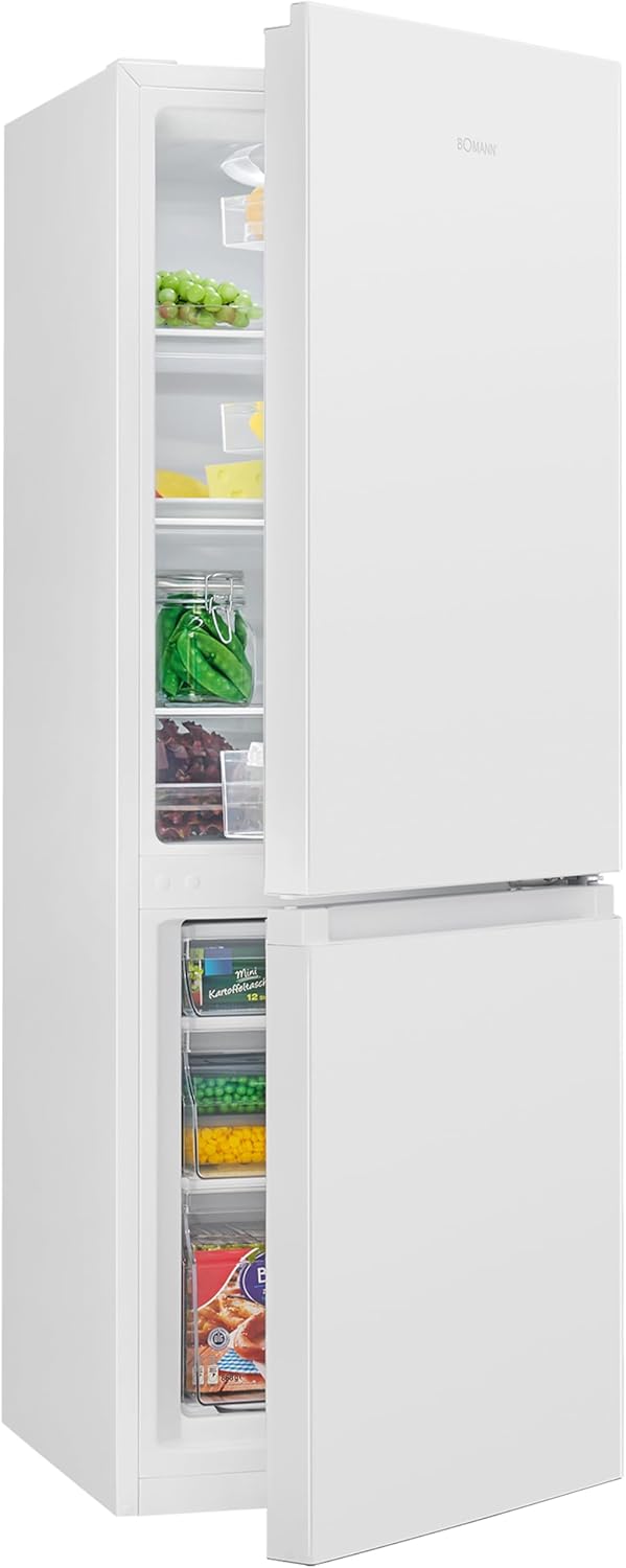 Bomann® Fridge-Freezer KG 320.2, 143 cm High, Fridge-Freezer with 175 Liter Capacity, 3 Shelves and 3 Drawers, Door Stop Replaceable, Quiet Fridge-Freezer 39 dB, White