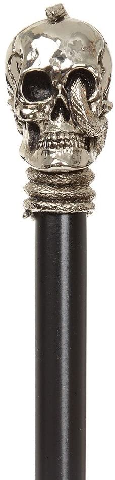 stockshop Walking Stick Skull And Crossbones With Snake, Antique Silver, Black Beech 