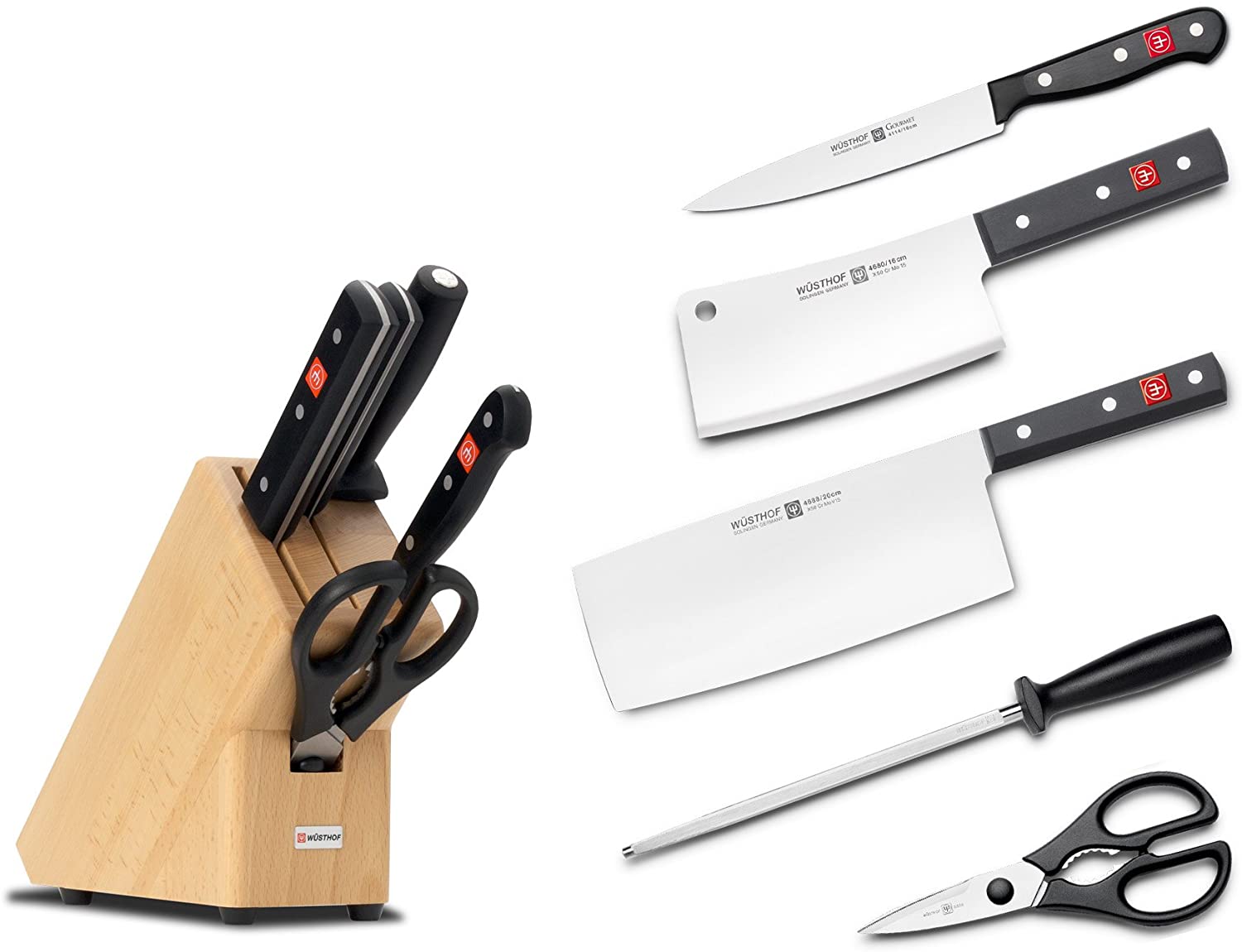 Wusthof Wüsthof Messerblock 5-teilig, Gourmet (9835-8), massiver Holzblock, helle Buche, Küchenmesser Set inkl. 3 Kochmesser, Wetzstahl und Schere
