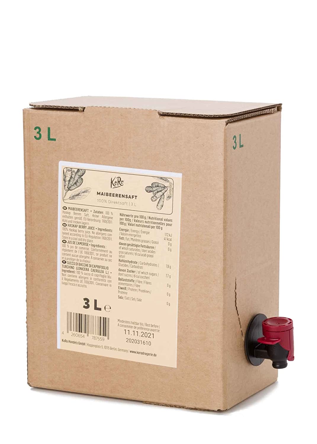 KoRo - Maibeerensaft Bag-in-Box 3 L - Neues Trendfood zum Trinken - Saurer Geschmack - Lange haltbar
