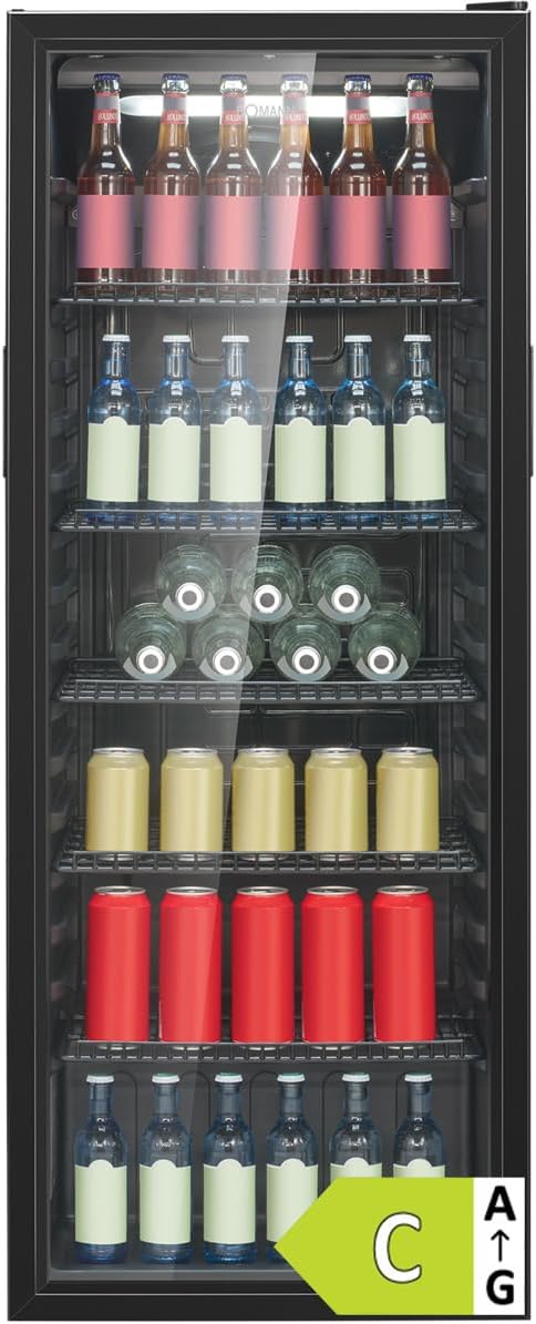 Bomann Fridge with Glass Door, Energy Class C, 143 cm, Drinks Fridge 2-12 °C, MultiAirflow, 5 Grid Shelves, Door Hinge Changeable, 236 L, Bottle Refrigerator, KSG 7292 Black