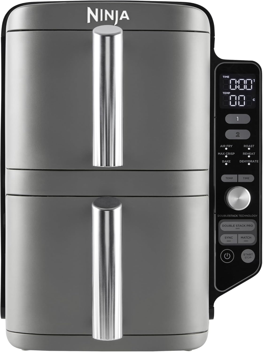 Ninja Double Stack XL Air Fryer Hot Air Fryer, 9.5 L Airfryer, Double Basket Hot Air Fryer with 4 Cooking Levels, 2 Baskets, 2 Racks, Space Saving Design, 6 Cooking Functions, 8 Servings, Gray SL400EU