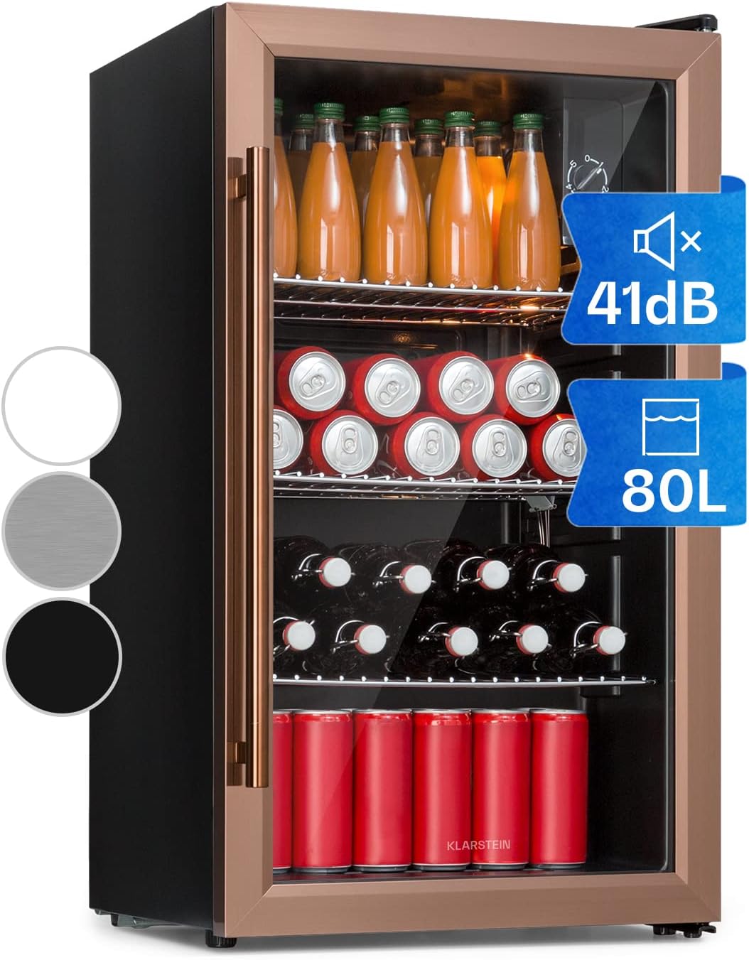 Klarstein XXL Mini Fridge with Glass Door and LED, for Room, Drinks Fridge Small with 3 Shelves, 80 L, Indoor/Outdoor, Quiet and Weatherproof, 3-10 °C