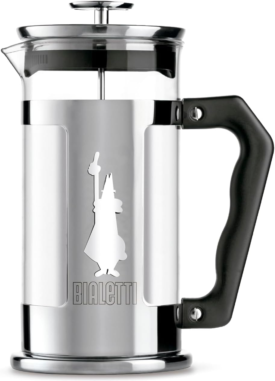 Bialetti Preziosa French Press Filter for Coffee or Tea, Stainless Steel Housing and Borosilicate Glass Container, Dishwasher Safe, 1 Litre, 8 Cups, Silver