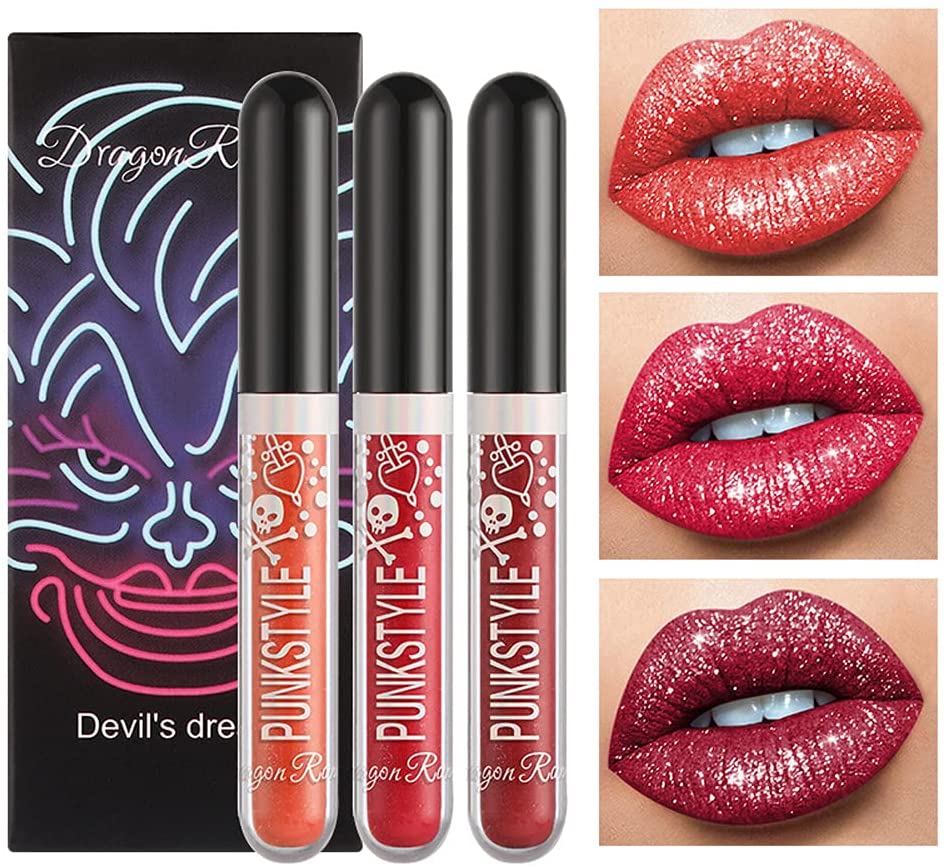 FILWO Set of 3 colours black metallic lip gloss diamond glitter lips make-up gift glitter lip gloss suitable for appointments, offices, shopping or parties, 