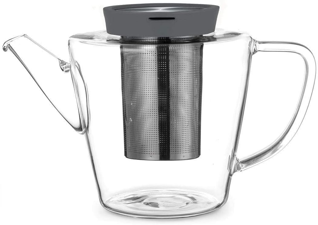 Glass Teapot with Stainless Steel Filter and Grey Lid with Drip Free Spout Suitable for Making Loose Tea