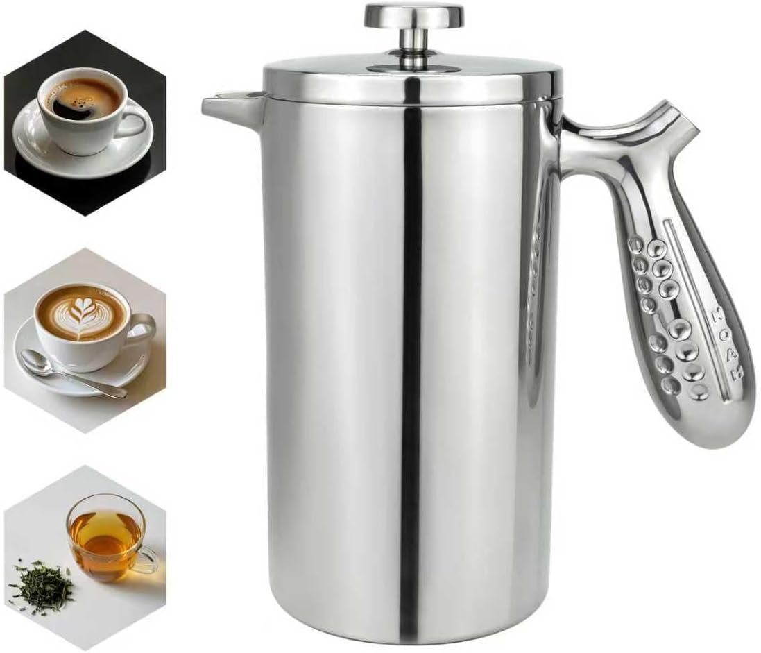 NOAH French Press Double-Walled with Ergonomic Handle I Stainless Steel Coffee Maker I French Press for Camping I Thermal Coffee Pot Thermal Teapot I Tea Press Jug 1 Litre + 2 Sets Filter Replacement