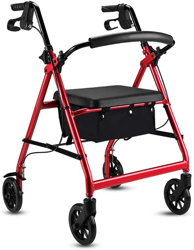 FKDERollator Aluminium Foldable Walking Motion Aid Walker Walking Walking Walking Walking Walking Walking Walking Walking Walking Walking Cat with Seat and Handbrake for Older (Red)
