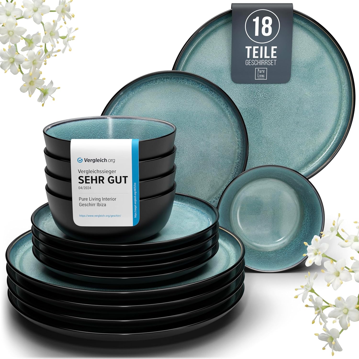 Pure Living Ibiza Stoneware Crockery Set for 6 People, 18-Piece Mediterranean Stoneware Tableware Set, ‘Very Good’ in Test, Bowl and Plate Set, Dinner Service for 6 People, Petrol