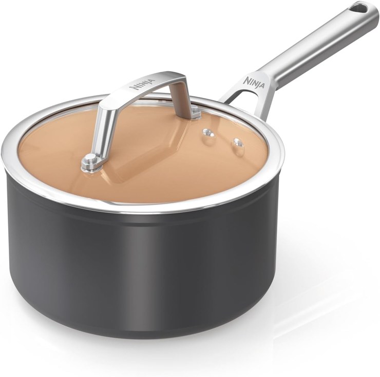 Ninja ExtendedLife CW90220UK Non-Stick Ceramic Saucepan with Lid (No PFAs, PFOA, Lead or Cadmium) Induction Safe, Stainless Steel Handle, Oven Safe to 285°C, Terracotta and Gray