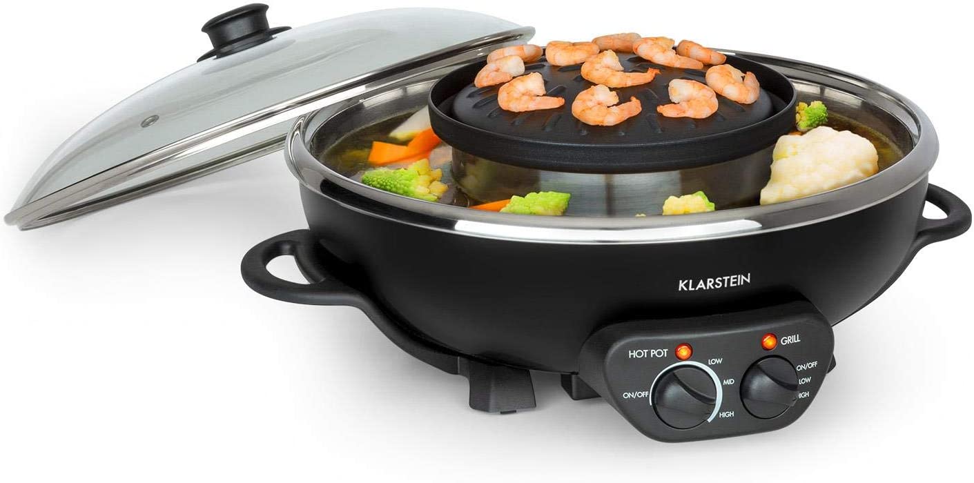 Klarstein Szechuan - Hot Pot and Grill Plate, Volume: 5 litres, hot pot: 1350 Watt / 38 cm diameter, grill plate: 600 Watt / 22 cm diameter, aluminium heating element, separately adjustable heating circuits.