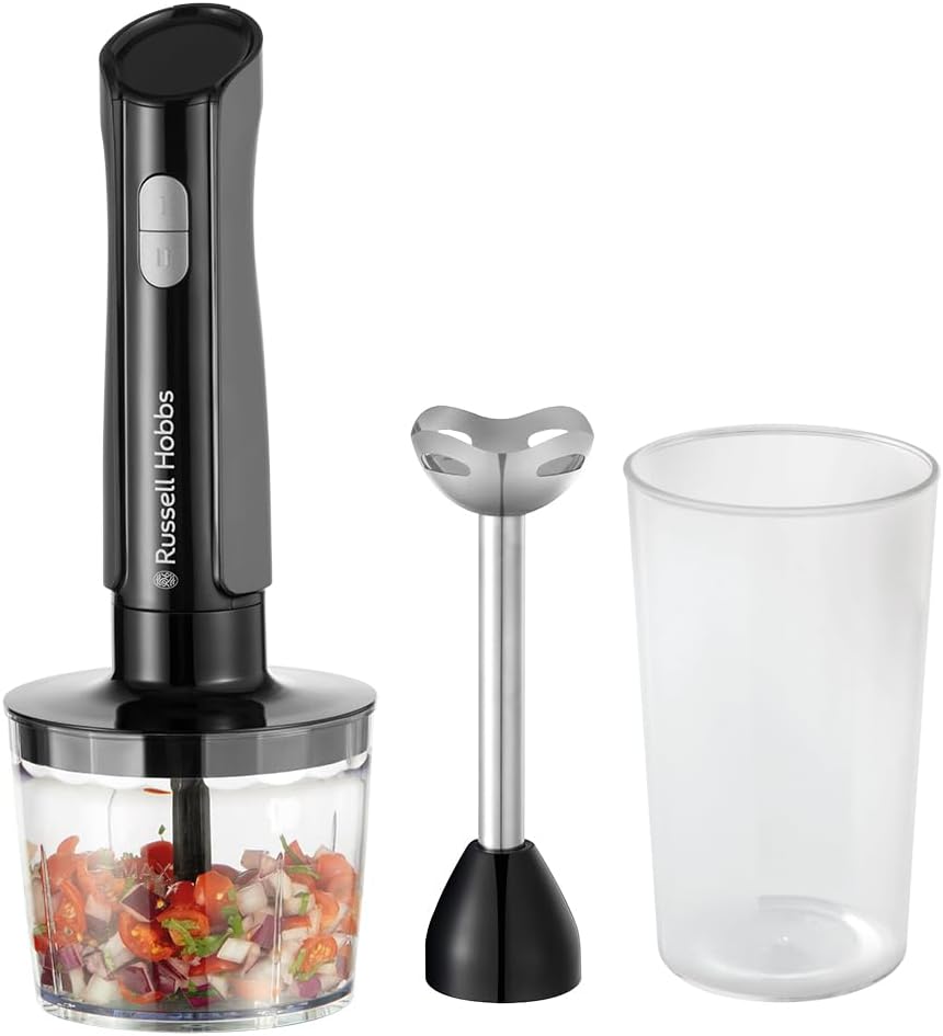 Russell Hobbs Hand Blender [3-in-1 Hand Mixer] Electric Chopper (Food Processor with 3 Attachments for Baby Food, Smoothies, Soups, 2 Speeds + Impulse, Stainless Steel, BPA-Free) Matte Charcoal