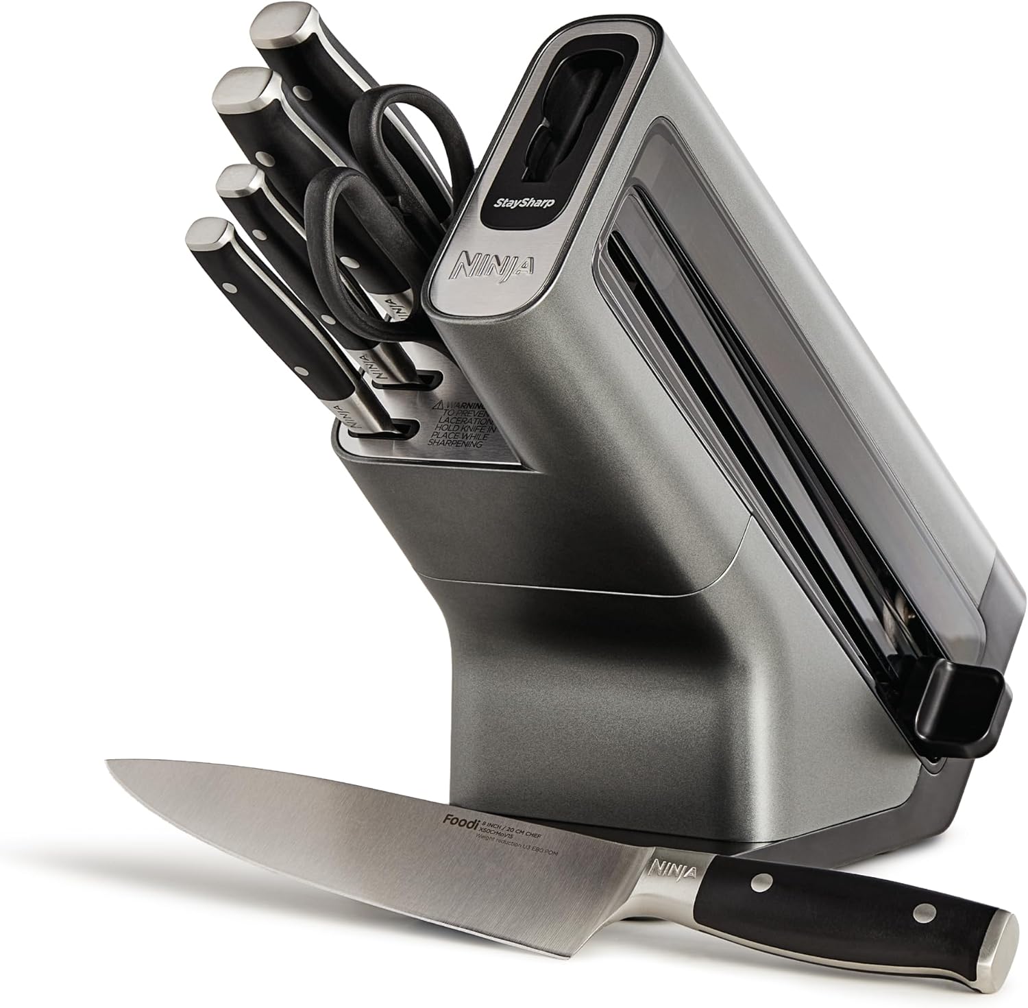 Ninja Foodi StaySharp Knife Block with Integrated Sharpener; Knife Block with 5 Different Knives and 1 Scissors, Sharp, 6-Piece Knife Set, Stainless Steel, K32006EU