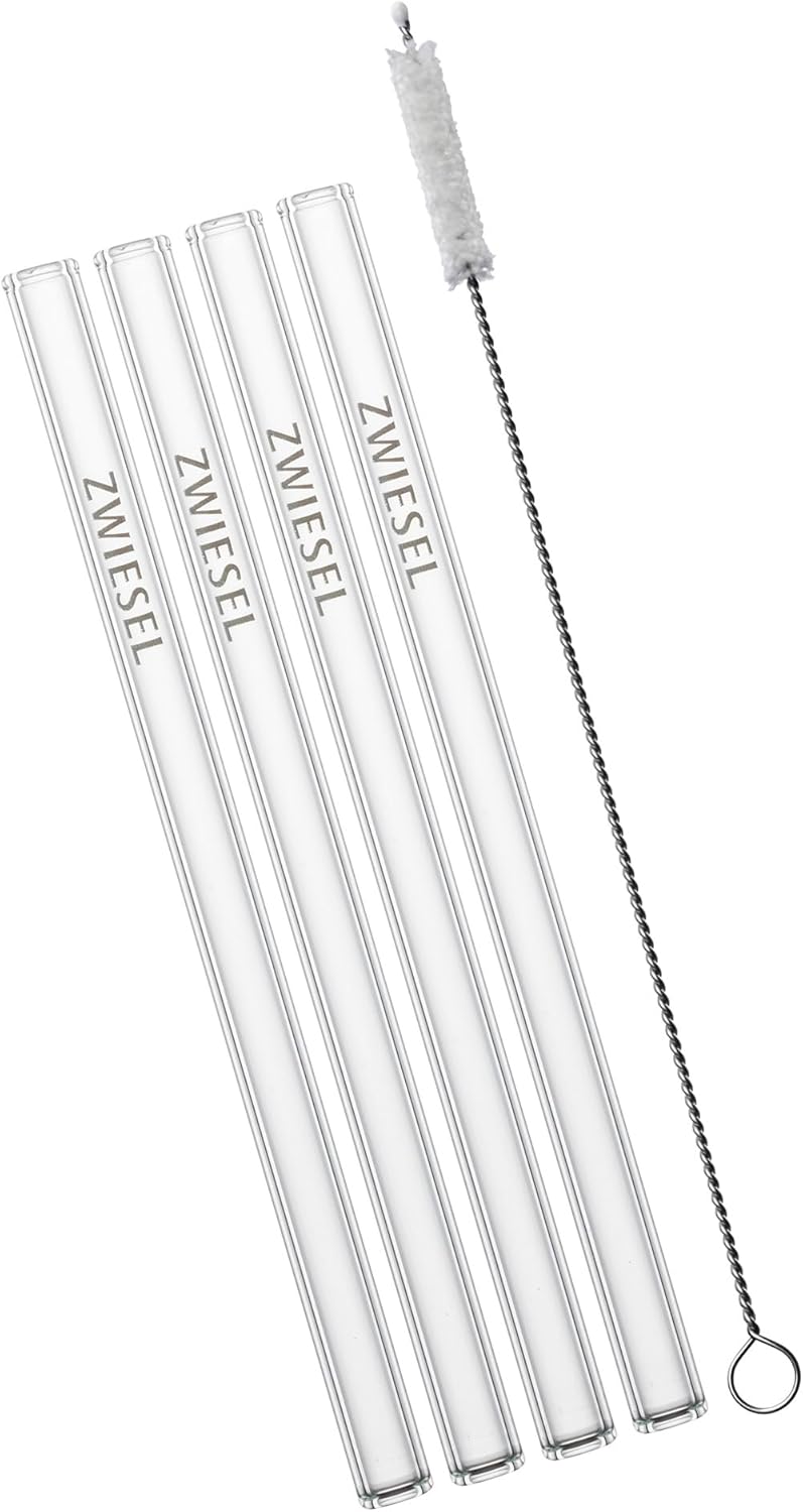 SCHOTT ZWIESEL Glass Drinking Straws Short (Set of 4), Glass Straws and Cotton Brush, Dishwasher Safe Crystal Glass, Made in Germany (Item No. 121513)