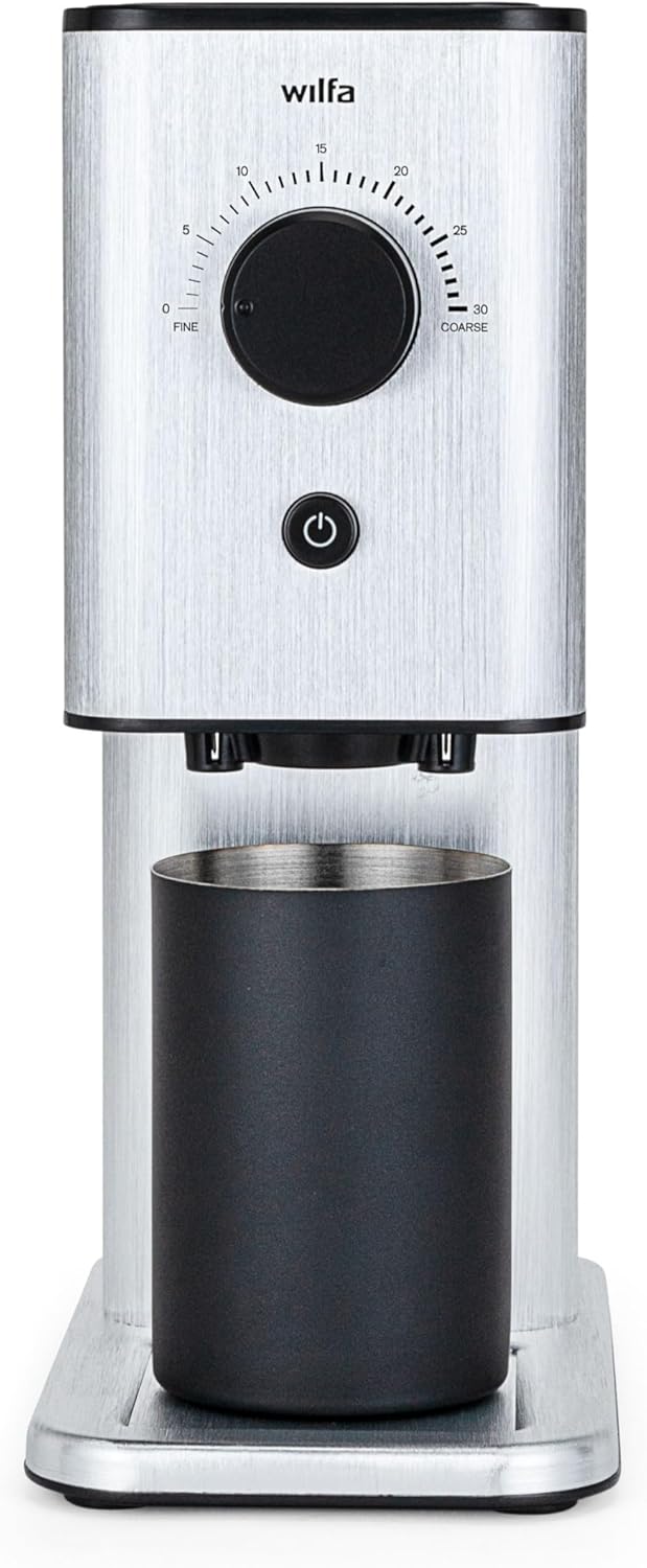 Wilfa ZENSE Aluminium Coffee Grinder - 30 Grinding Levels - 40 mm Stainless Steel Flat Grinder - Antistatic - Airtight Sealed Bean Container (Silver)