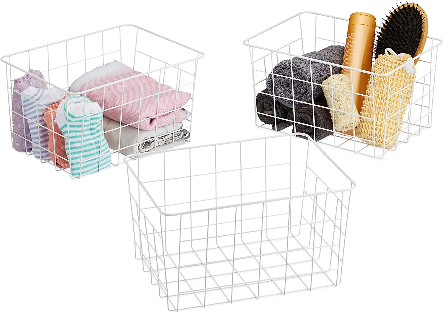 Relaxdays Wire Basket Set of 3 Rectangular Mesh Baskets for Storage HxWxD: 15.5 x 28 x 20 cm Decorative Metal Basket White