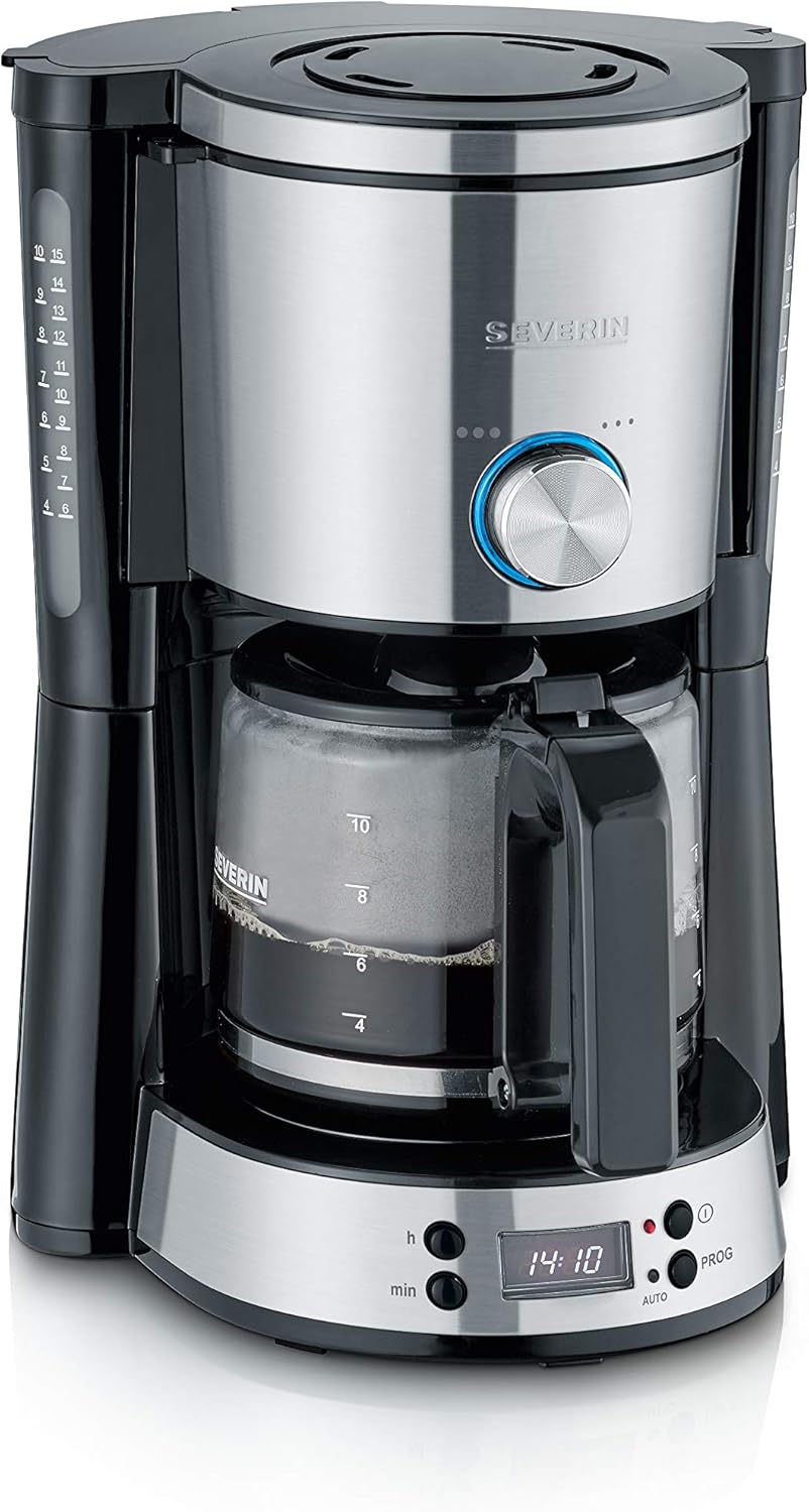 SEVERIN TypeSwitch KA 4826 Coffee Machine with Glass Jug and Timer, AromaSwitch for 2 Brewing Options, Digital Clock with Timer Function, for up to 10 Cups, 1,000 W, Brushed Stainless Steel, Black