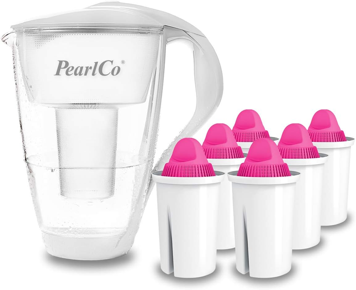 PearlCo Glass Water Filter (White) with 6 Magnesium Classic Filter Cartridges - Made in EU