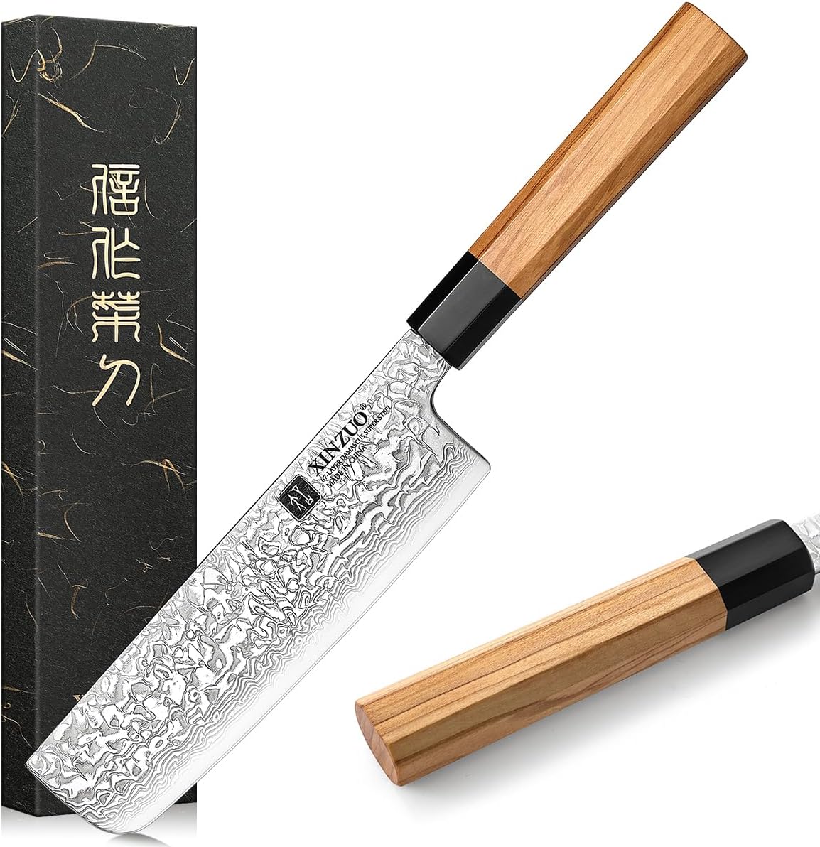 XINZUO Damascus Steel 17.8 cm Nakiri Knife, Japanese Style Kitchen Knife, Professional Sharp Asian Knife, Chef\'s Knife for Cutting Meat and Vegetables, Olive Wood and Black Buffalo Horn Handle