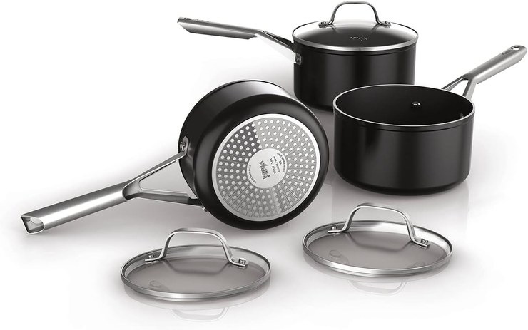 Ninja ZEROSTICK Essentials C13000UK Non-Stick Durable Forged Aluminum Pan Set with Glass Lids - Induction Safe, Oven Safe to 500F, Black