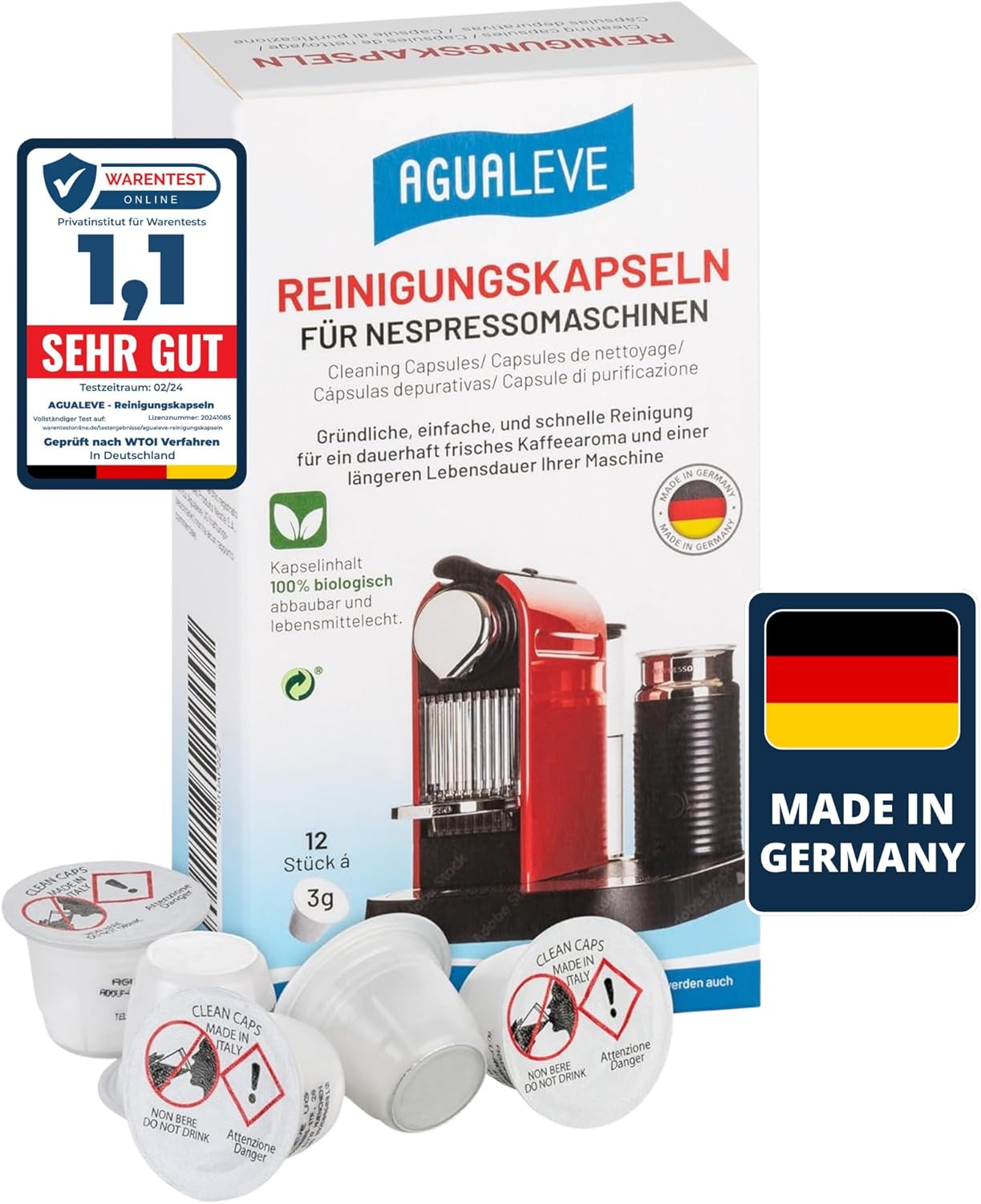 AGUALEVE® Nespresso Cleaning Capsules, Pack of 12, Suitable for all Nespresso Machines up to Vertuo Line, Brand Quality, Made in Germany, 360° Cleaning Formula