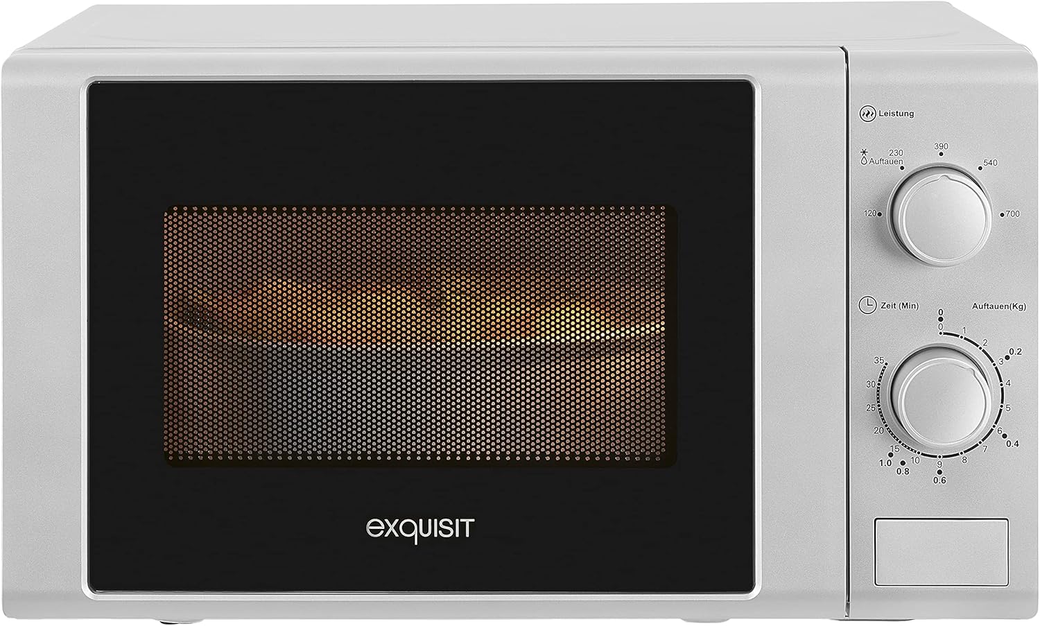 Exquisit® Microwave 20L 700W 5 Power Levels Silver Painted Interior Quick Start Defrost Plate 25.5cm Pressure Opening Dimensions 25.8 x 43.9 x 32.3cm