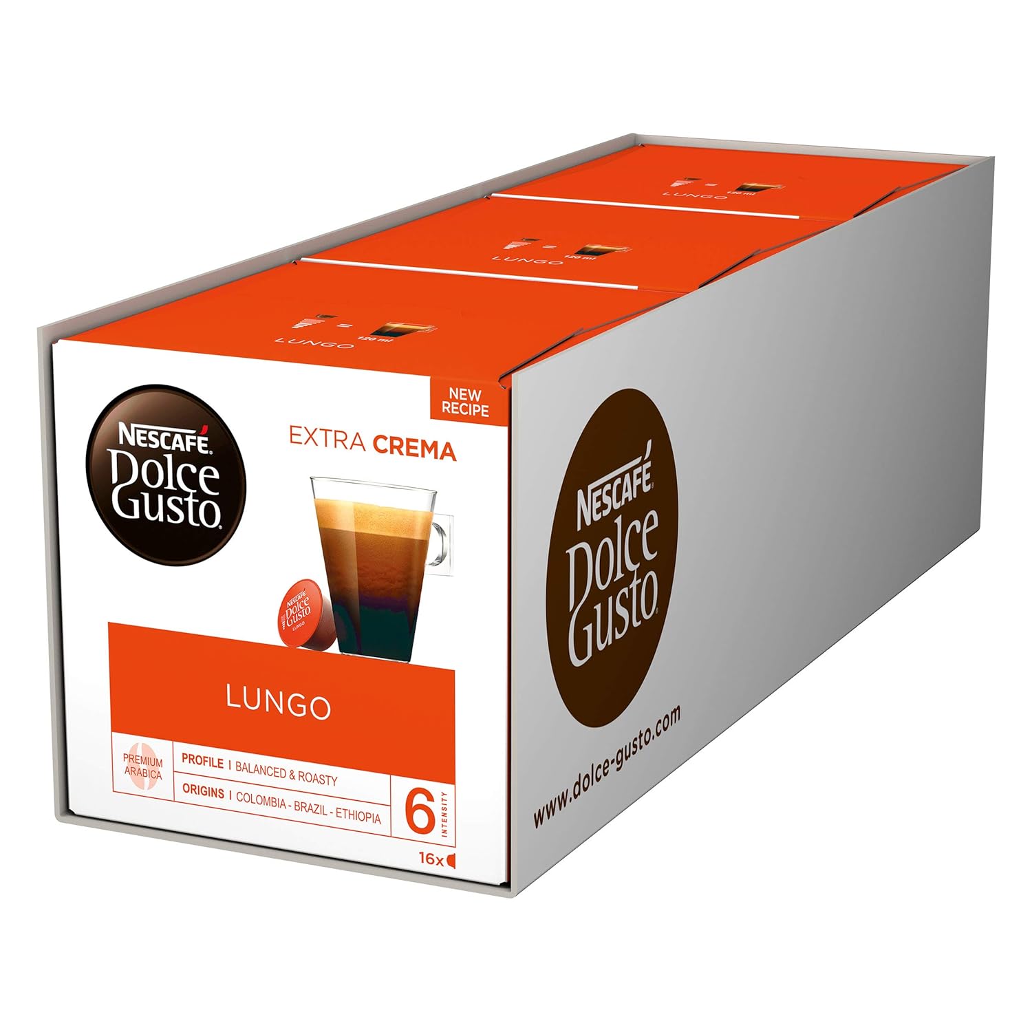 NESCAFÉ Dolce Gusto Lungo | 48 Coffee Capsules | 100% Arabica Beans | Fine Crema and Strong Aroma | Quick Preparation | Aroma Sealed Capsules | Pack of 3 (3 x 16 capsules)
