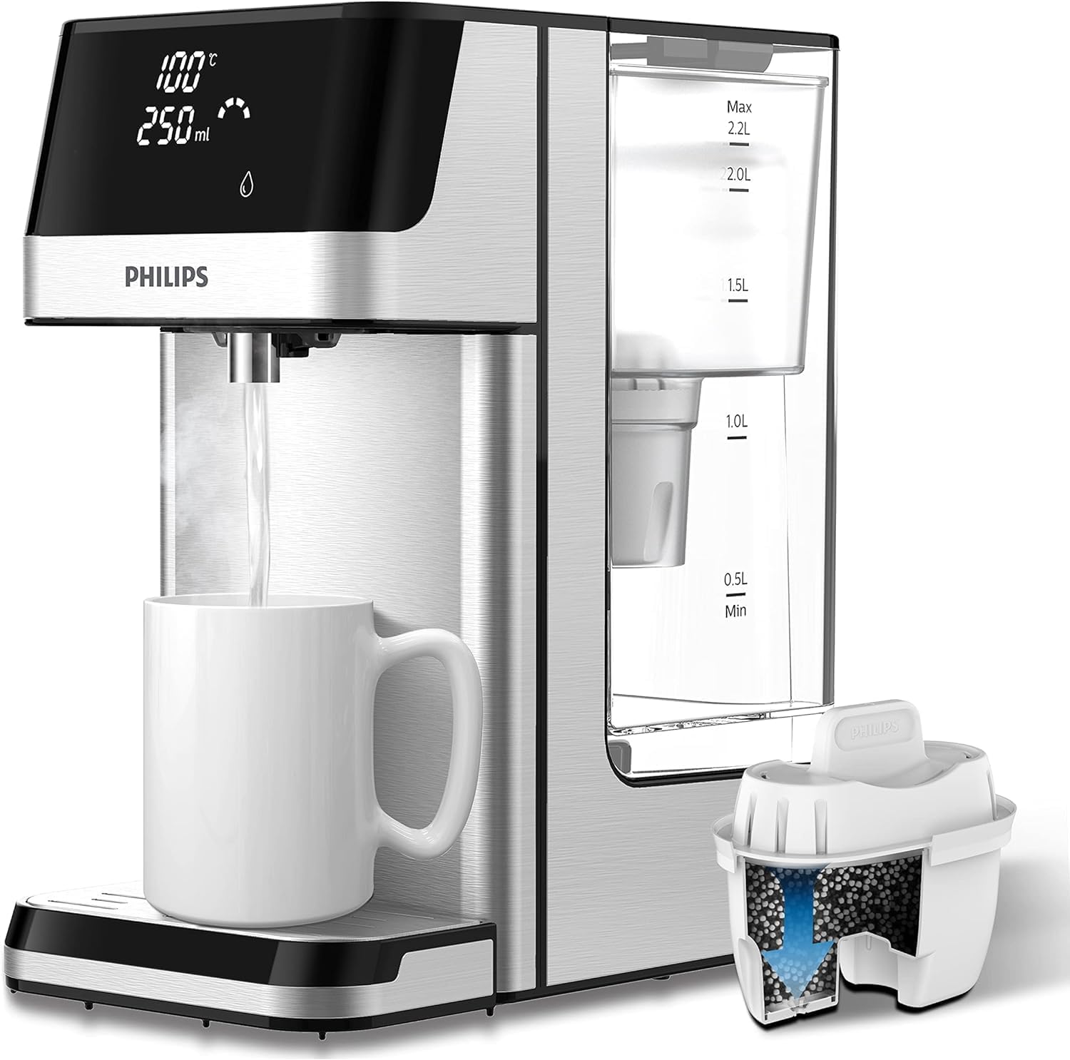 Philips Water Station Dispenser for Filtered Hot Water 6 Temperature Presets Touch Screen Reduces Chlorine Limescale Heavy Metals Microplastics and PFAS 2.2 L Capacity