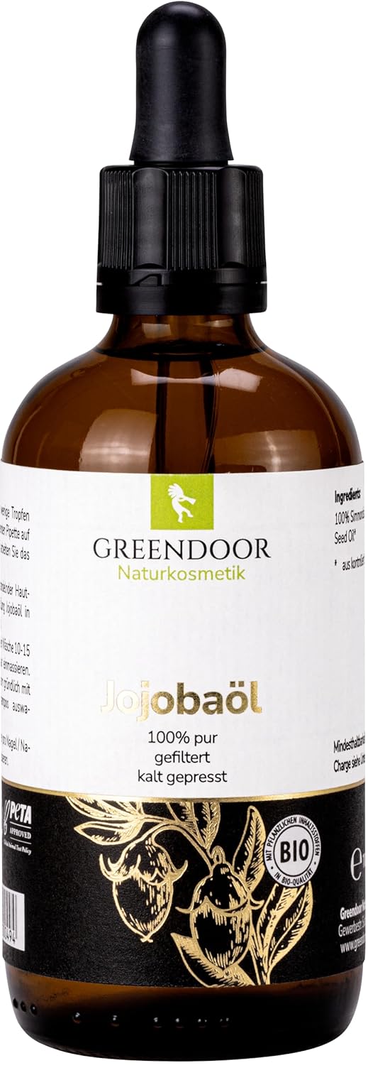 GREENDOOR Pure Organic Jojoba Oil with Pipette 100 ml Natural Pure Virgin Cold Pressed Vegan, Natural Hair Oil without Silicone, Natural Cosmetics Anti-Ageing Oil for Body Hair Skin Nails Face