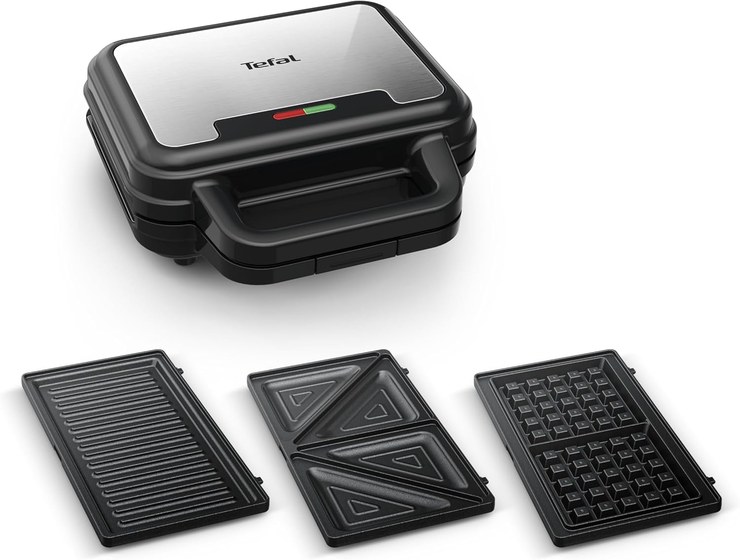 Tefal Ultracompact SW383D10 3-in-1 Sandwich Waffle Panini Combination Device, Non-Stick Coating, Heat-Insulated Handle, Stainless Steel/Black