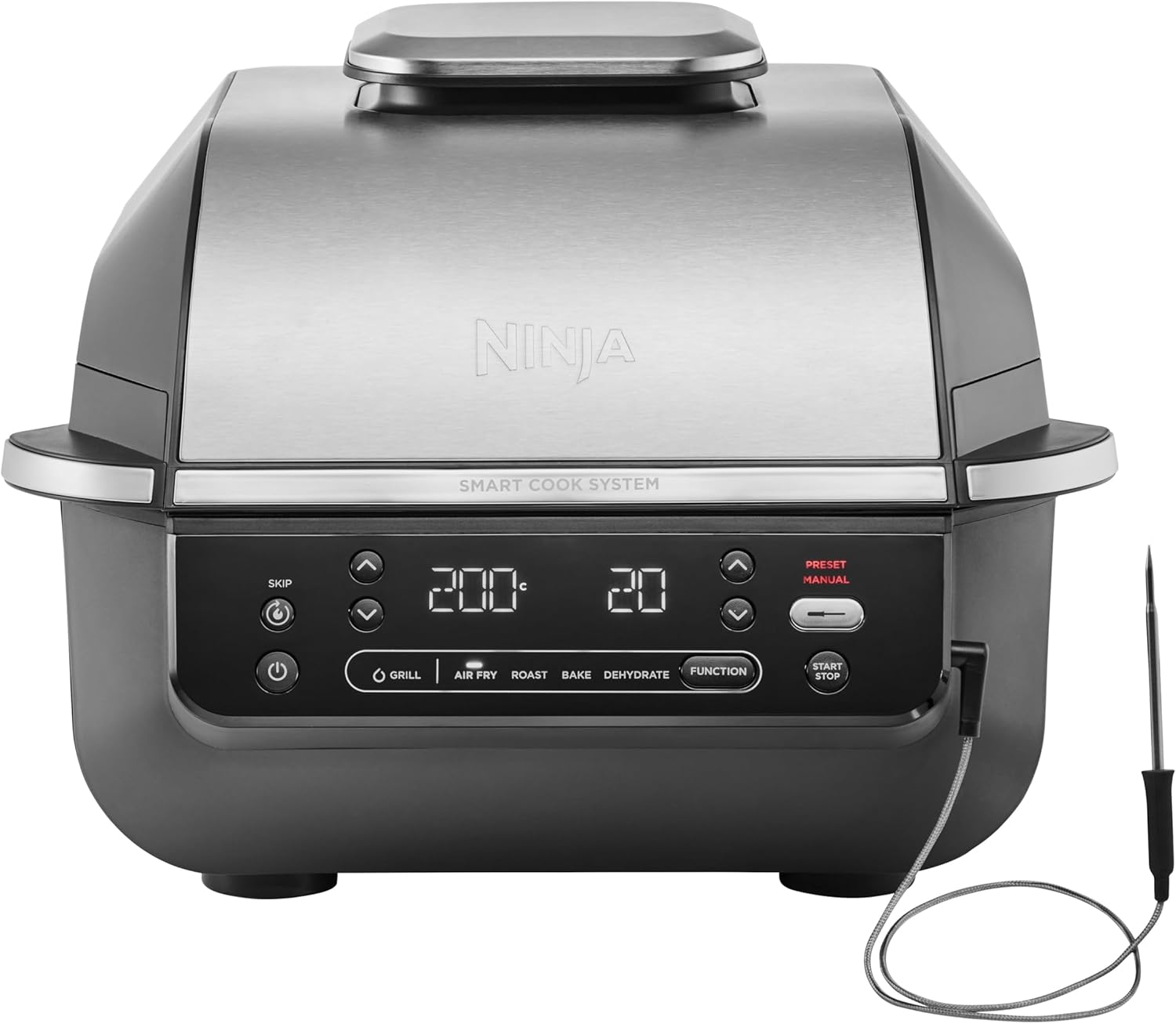 Ninja EG351EU 5-in-1 Indoor Grill & Hot Air Fryer, 5 Cooking Functions, Holds up to 4 Burgers, 5.7L Capacity, Low Smoke, Includes Digital Roasting Thermometer, Black/Silver