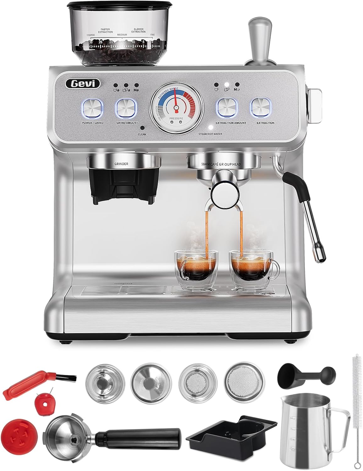 Gevi 2025 Upgrade Portafilter Coffee Machine with Integrated Coffee Grinder, Dual Boiler Professional Espresso Machine, 30 Grinding Levels, 20 Bar, 2.8 L Water Tank, Stainless Steel Barista Coffee