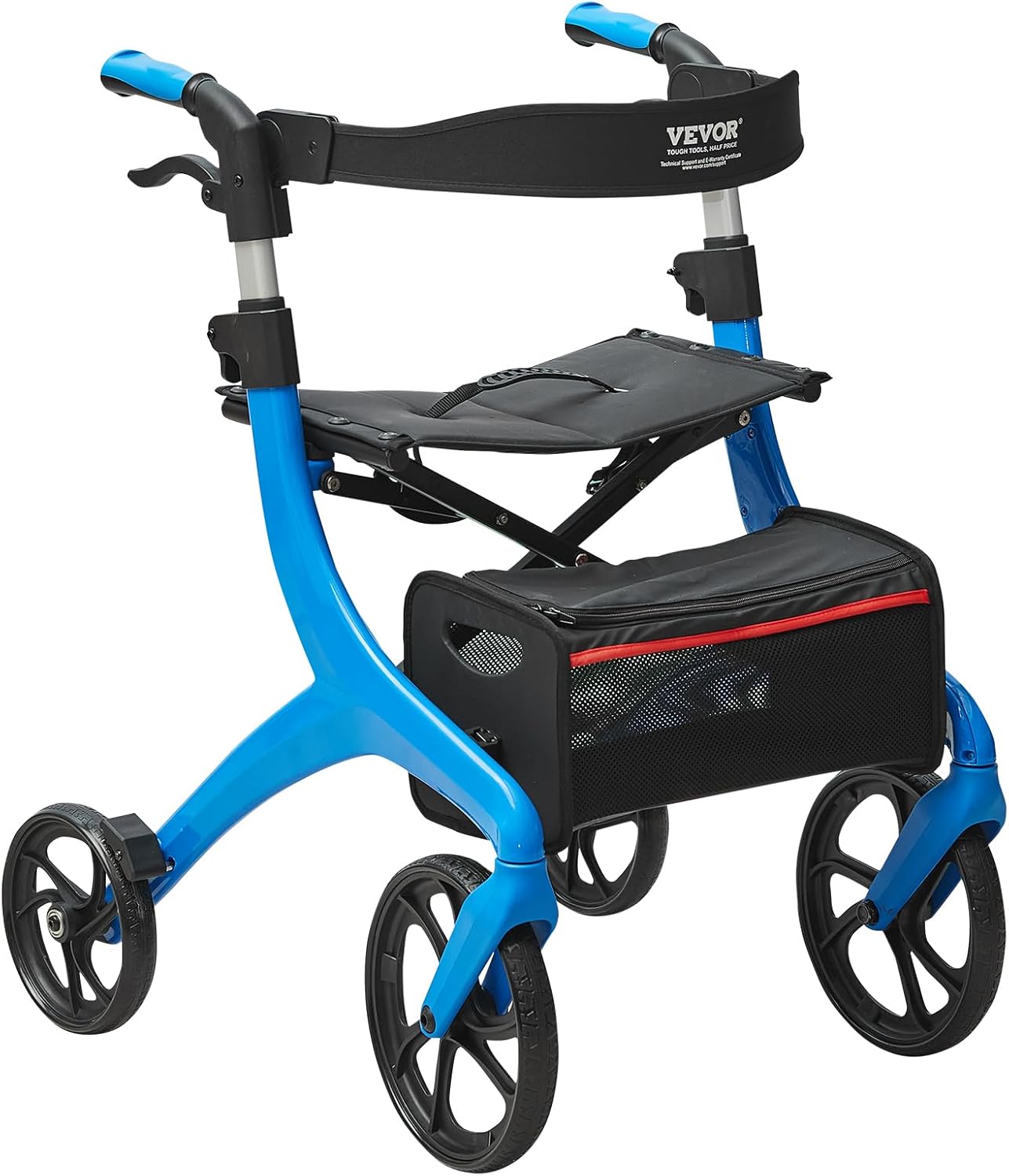 VEVOR Foldable Rollator for Seniors, Lightweight Aluminium Rollator with Seat and Adjustable Handle, 4 Wheel Outdoor Mobility Walker with Storage Bag, Load Capacity 300 lbs, Blue