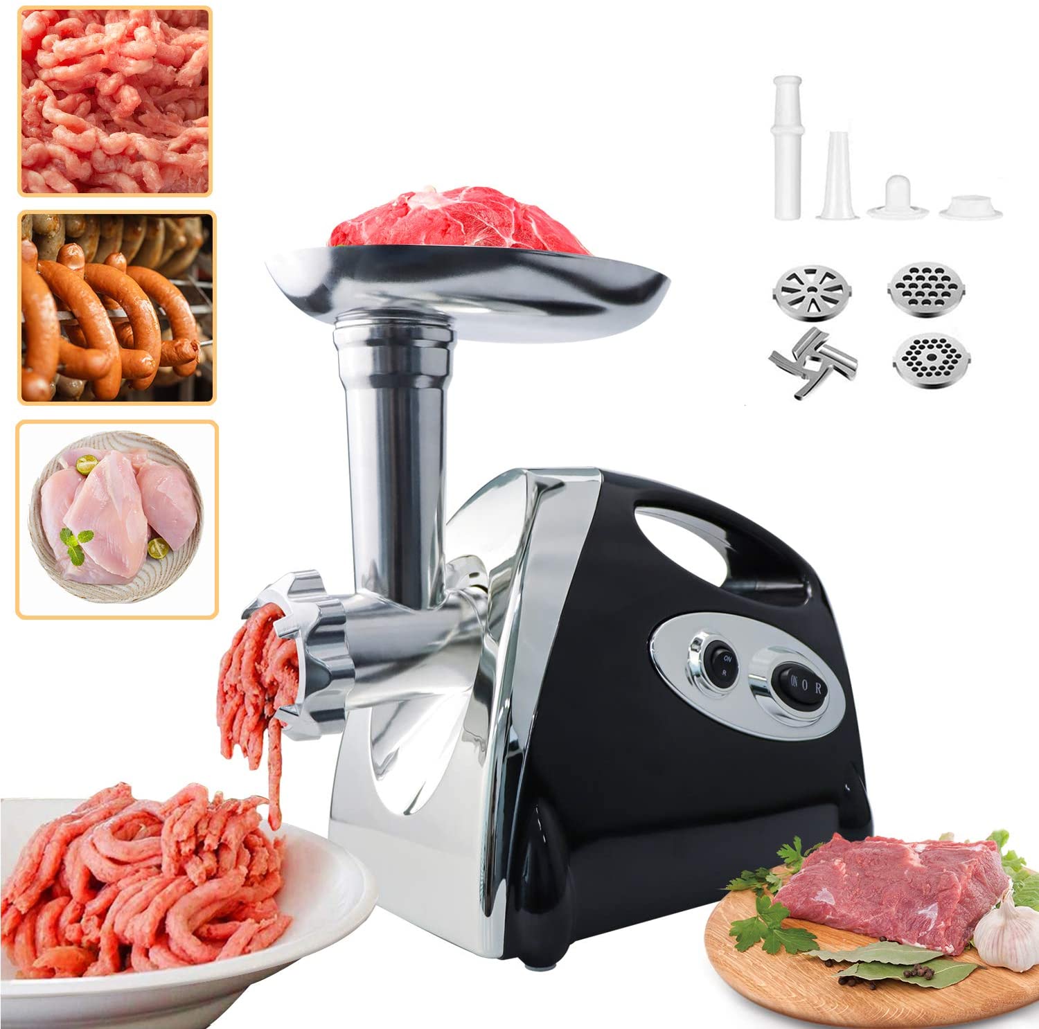BenRich 2800 Watt Electric Meat Grinder Sausage Filler Printer Stainless Steel Powerful Copper Motor Black