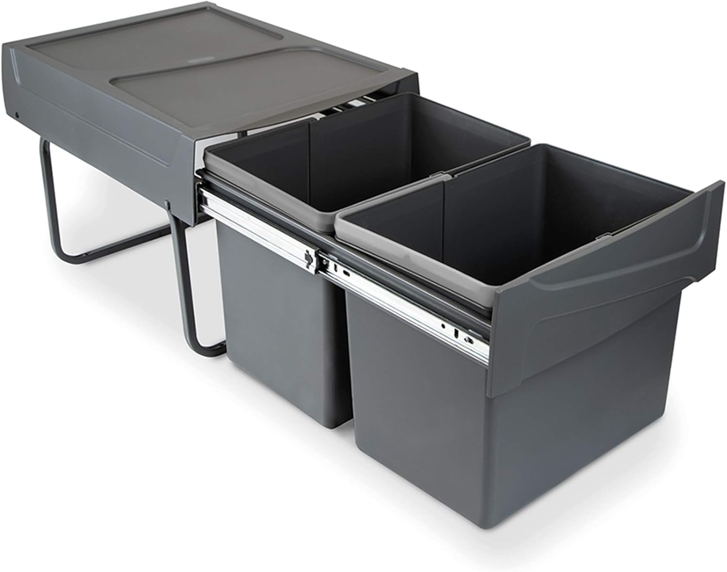 Emuca Kitchen Waste Bin with Bottom Fixing, 2 Pull-Out 15L Recycle Bins, Total Capacity 30L (2 x 15L), Steel and Plastic, Charcoal Grey