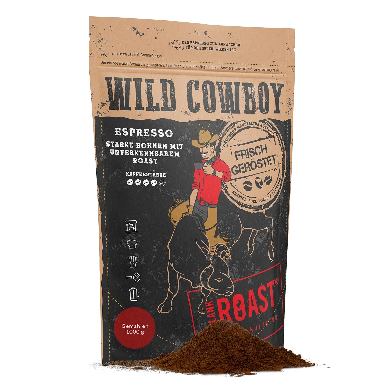 Blank Roast - Wild Cowboy Espresso - Ground for Filter - 1 kg - Roasted with Hickory Wood - Arabica & Edel Robusta - Blend from Brazil and Uganda - with Chocolaty Nuances - Low Acid