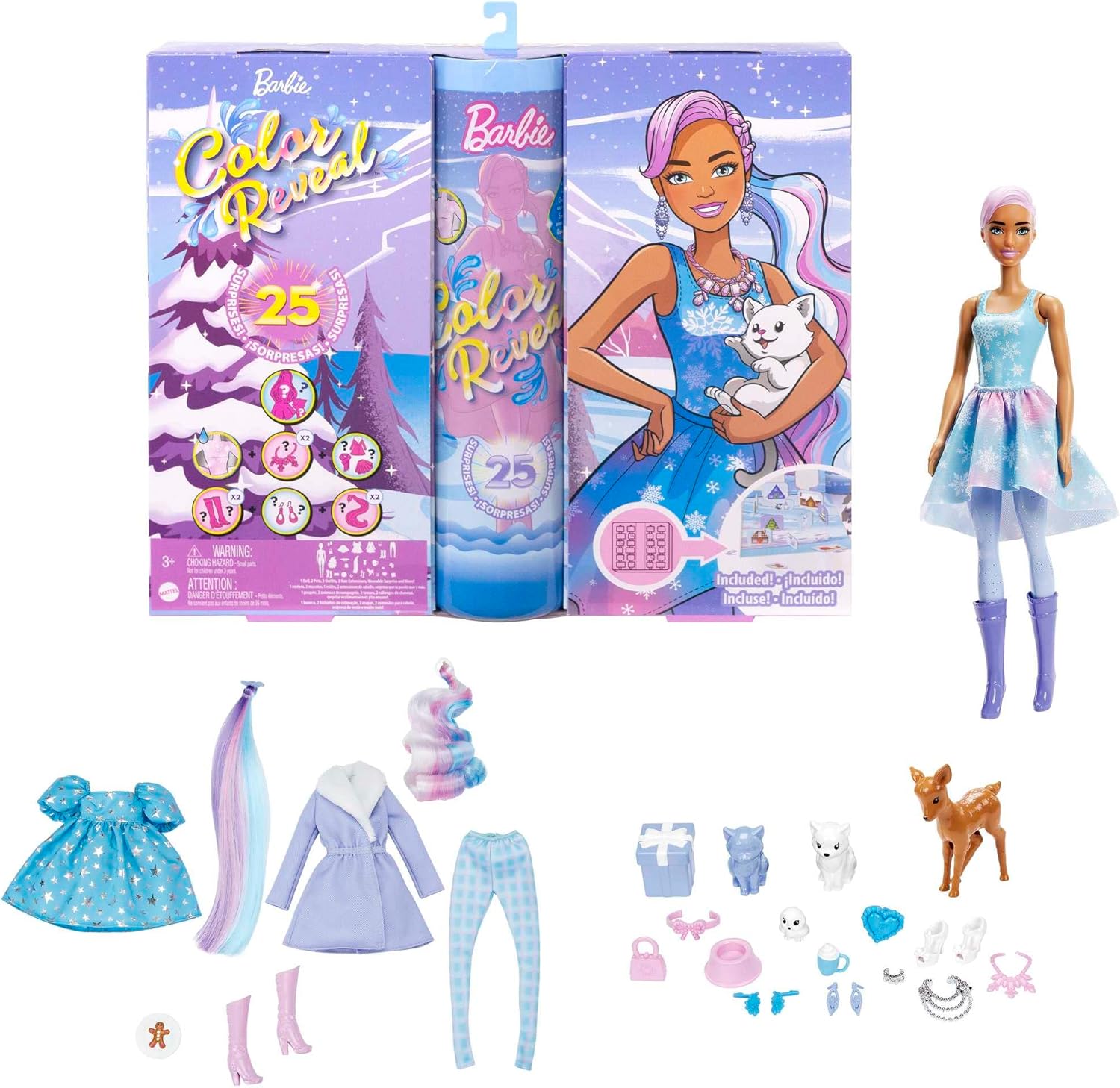 Barbie Color Reveal Advent Calendar, 1 Color Revea Doll & 3 Pets, Clothing, Accessories & 2 Hair Extensions, 25 Surprises, Christmas Gifts for Children, HJD60