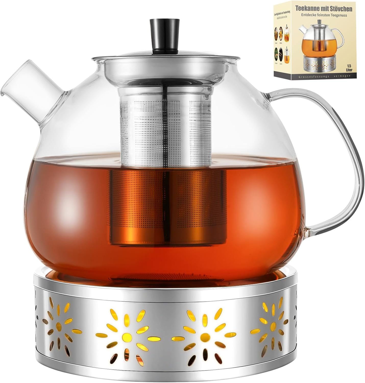 1500 ml teapot with strainer insert, teapot with warmer, glass teapot, glass teapot with strainer insert, teapot with strainer