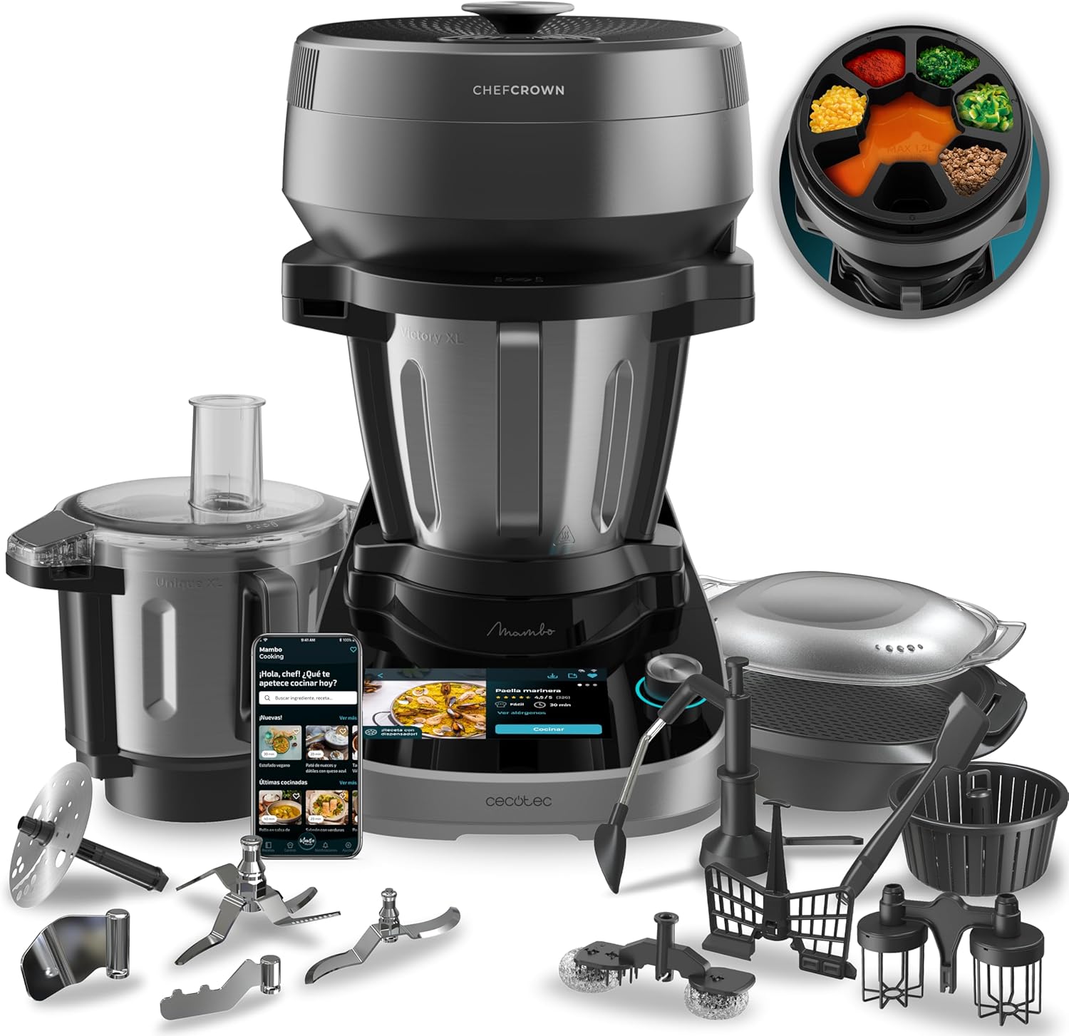 Cecotec Mambo CooKing Total Gourmet Multifunction Food Processor 2200W 45 Functions Self Dispenser Stainless Steel Unique and Victory 4.5L Touch Screen App Connectivity AutoCleanning