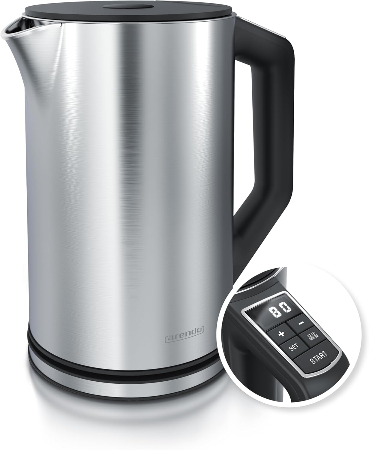 Arendo - Stainless Steel Kettle with Temperature Setting 40-100 Degrees in 5 Steps - Double Wall Design - Elegant Model - 1.5 Liter - 2200 W - Tea Maker with Temperature Display - GS - Silver