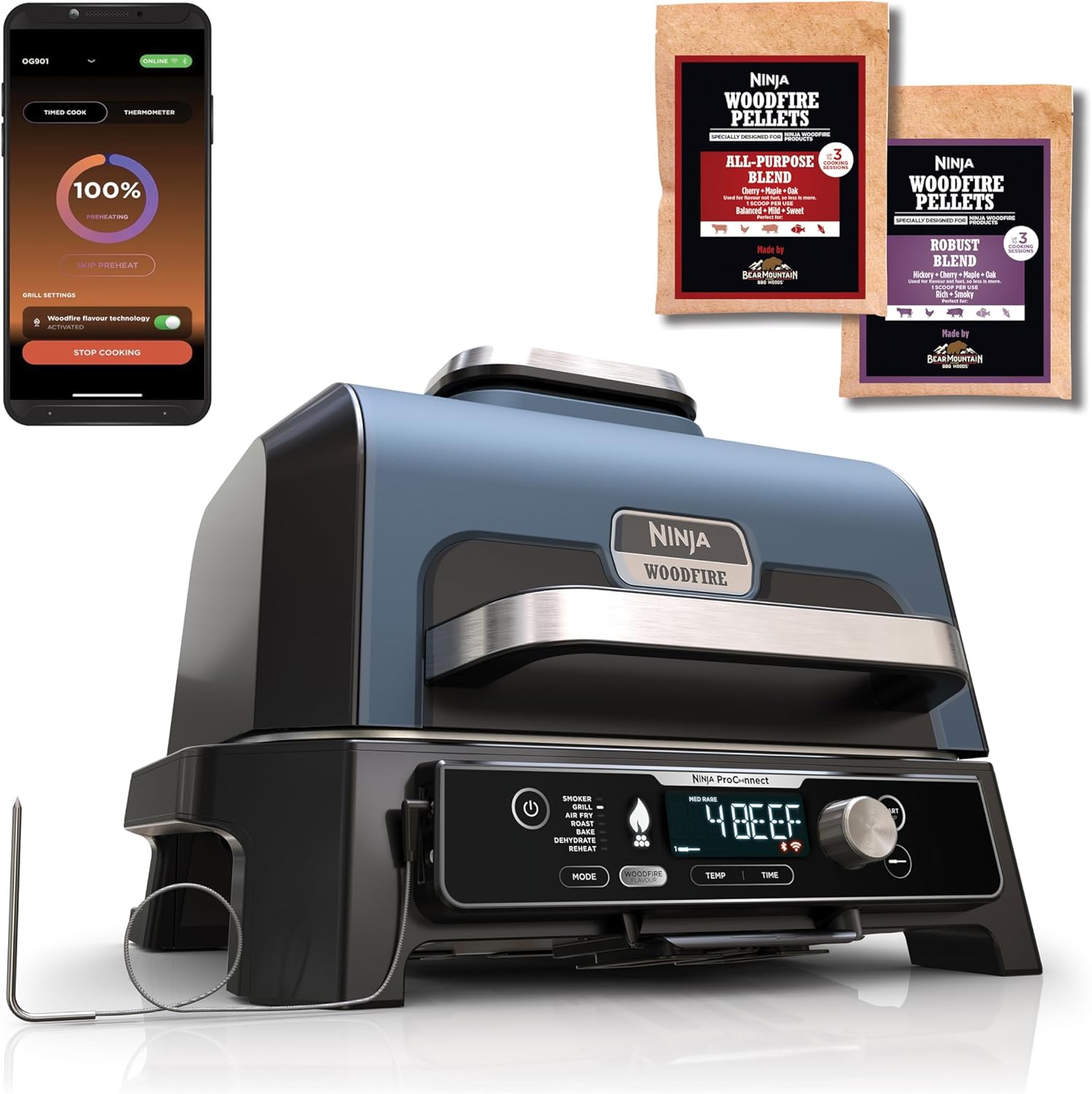 Ninja Woodfire Pro Connect XL Electric BBQ Grill & Smoker with App Control, Digital Probe, Large 7-in-1 Outdoor Grill & Air Fryer with Woodfire Pellets, Weather Resistant, Black OG901EU