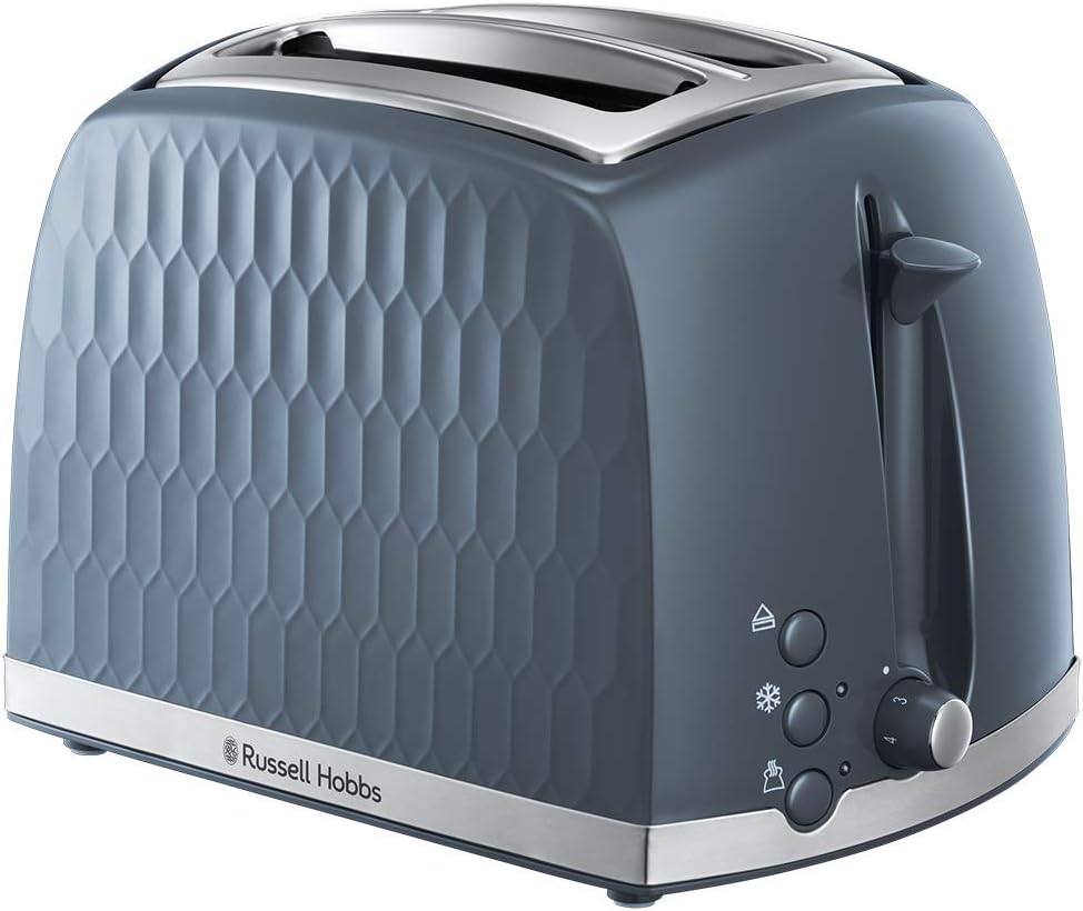 Russell Hobbs 26063 Honeycomb Toaster with 2 Slices (Extra Wide Slots, High Lift Function, 6 Browning Levels, Frozen/Cancel/Reheat Function, Removable Crumb Tray, 850 W, Grey
