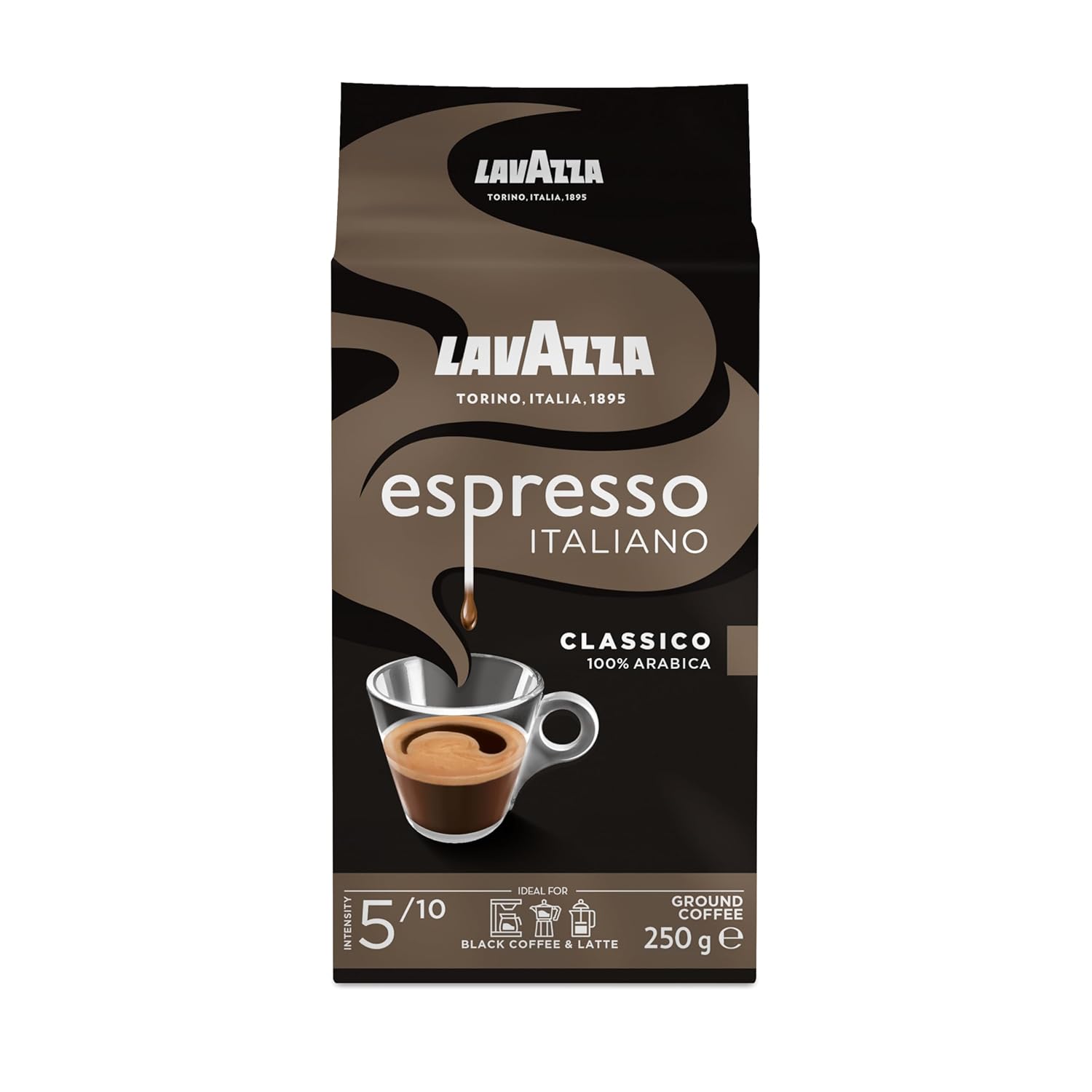 Lavazza, Espresso Italiano Classico Ground Coffee with Floral and Fruity Aromatic Notes, Ideal for Mocha Pots or Filter Coffee, 100% Arabica, Intensity 5, Medium Roast, 250 g Pack