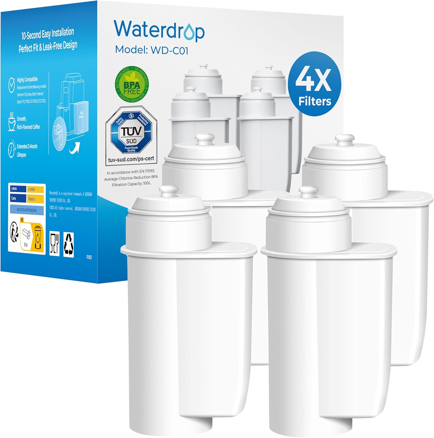 Waterdrop Replacement Water Filter for Siemens® EQ6, EQ9 S700, EQ500, TZ70003 TZ70033, Brita® Intenza 575491, Bosch® TCZ7003, TCZ7033, 12008246, 467873 Not For Brita® Intenza+(4)